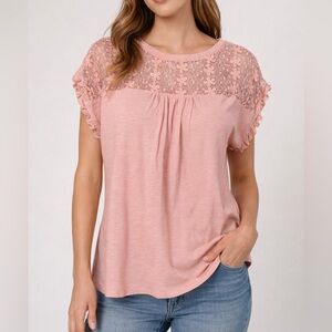 Everleigh Blush Pink Lace Yoke Top | Size Large | Feminine Boho